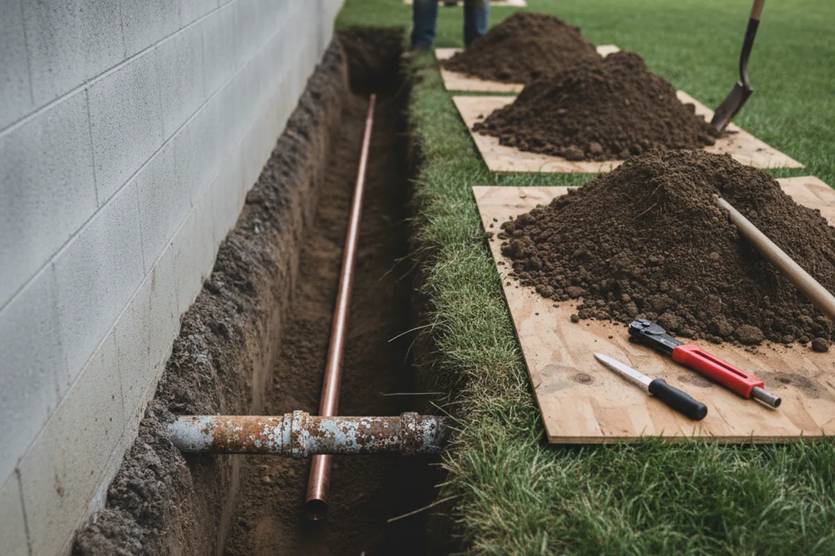 Excavated water line trench during Water Softener Installation in Garwin